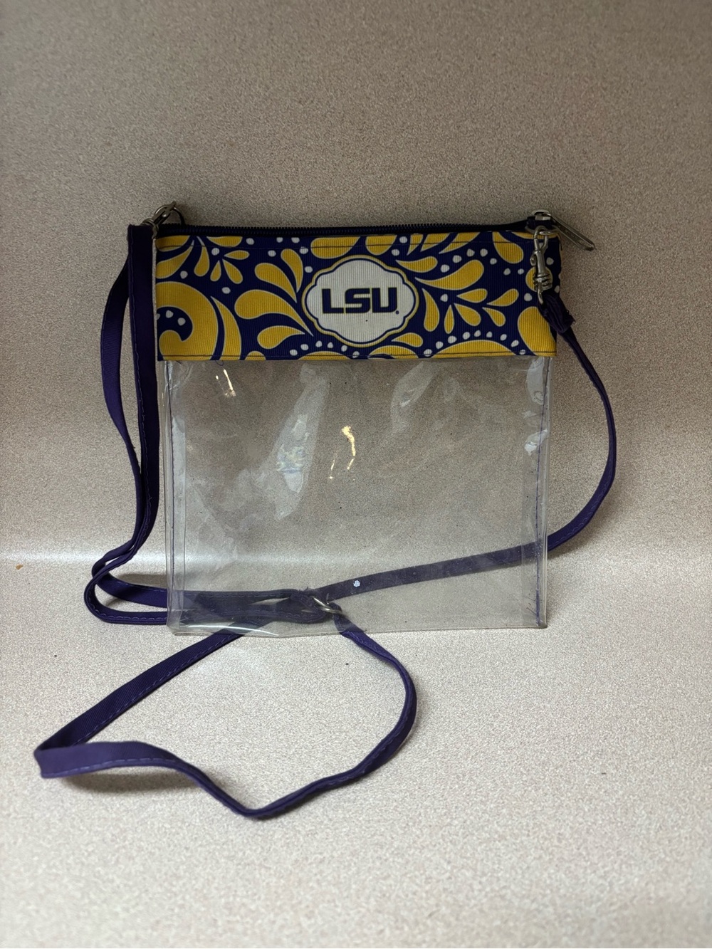 Clear Crossbody Bag with Purple & Gold Trim